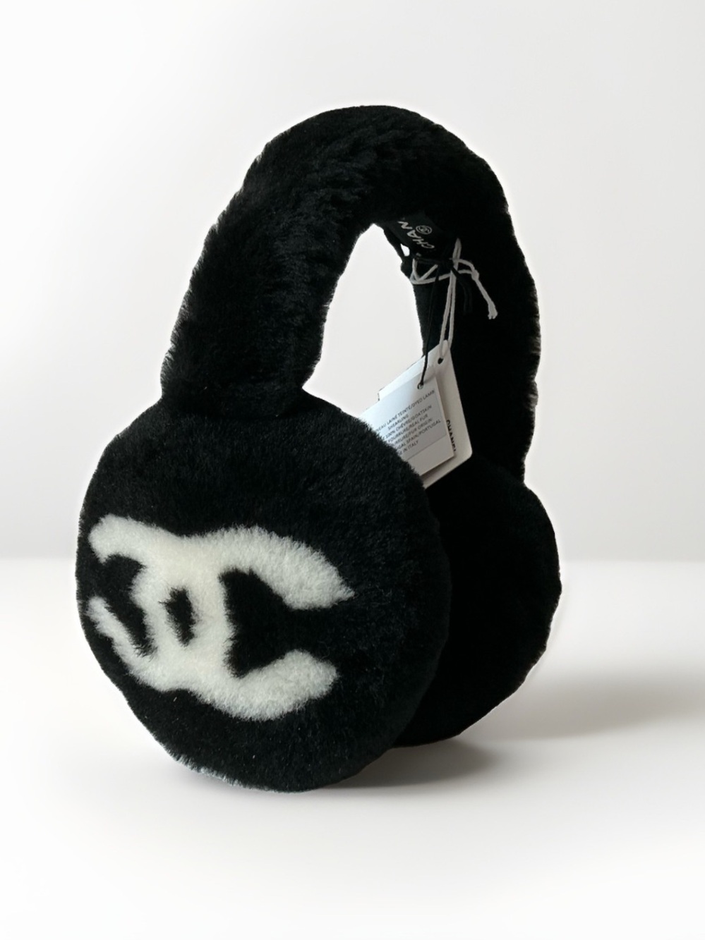 BNIB CHANEL Black White Logo Shearling Lamb Earmuffs